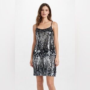Avec Les Filles Sequin Slip Dress Size 10 Black Silver Ombré NWT Party Cocktail